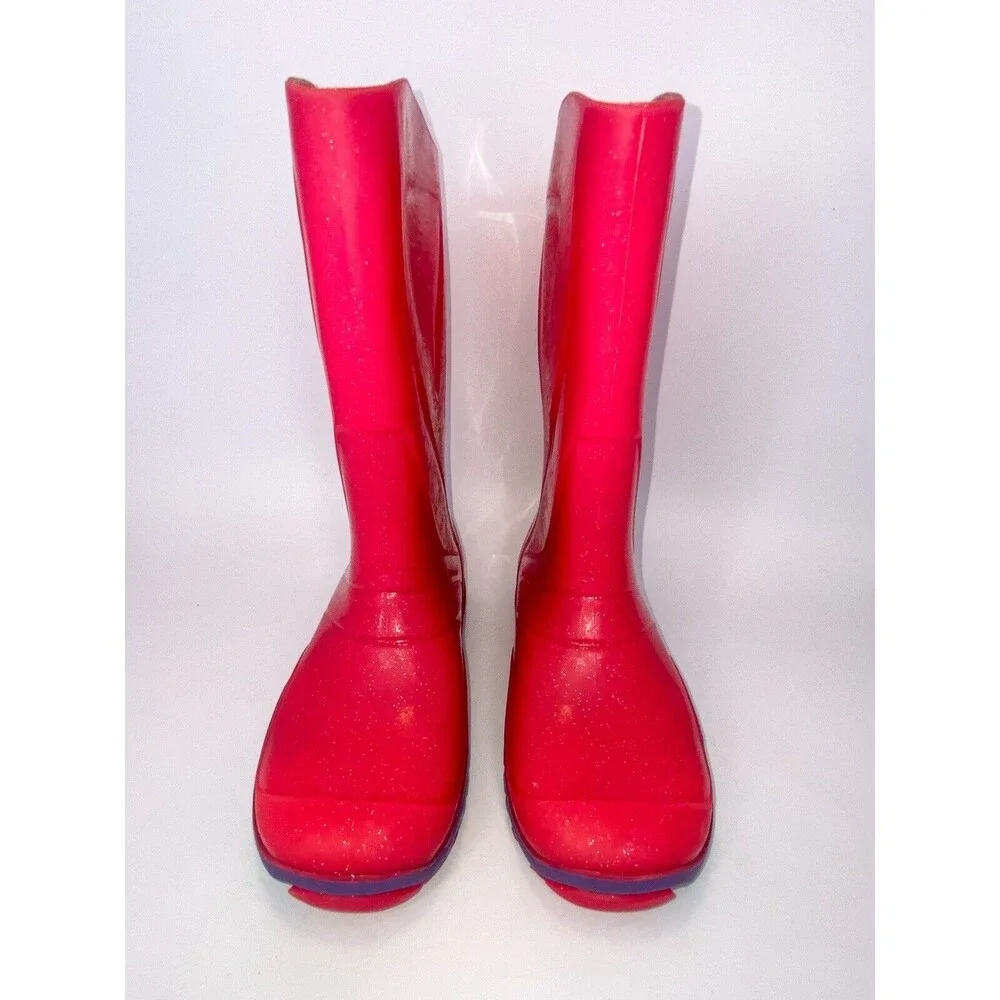 SKEEPER Size 32/1Y Black Slip-On Rain Boots w/Grip Soles Pink/Purple Rubber Boot